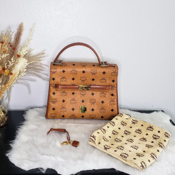 MCM Heritage Top Handle Satchel Vintage Cognac Brown Visetos